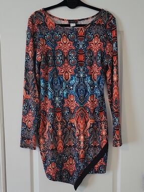 VENUS Long Sleeve Paisley Sheath Dress in Coral & Blue- Never Worn-LG